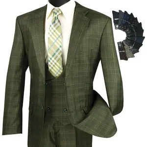 Luxurious Men's 3-Pieces Glen Plaid Suit Olive