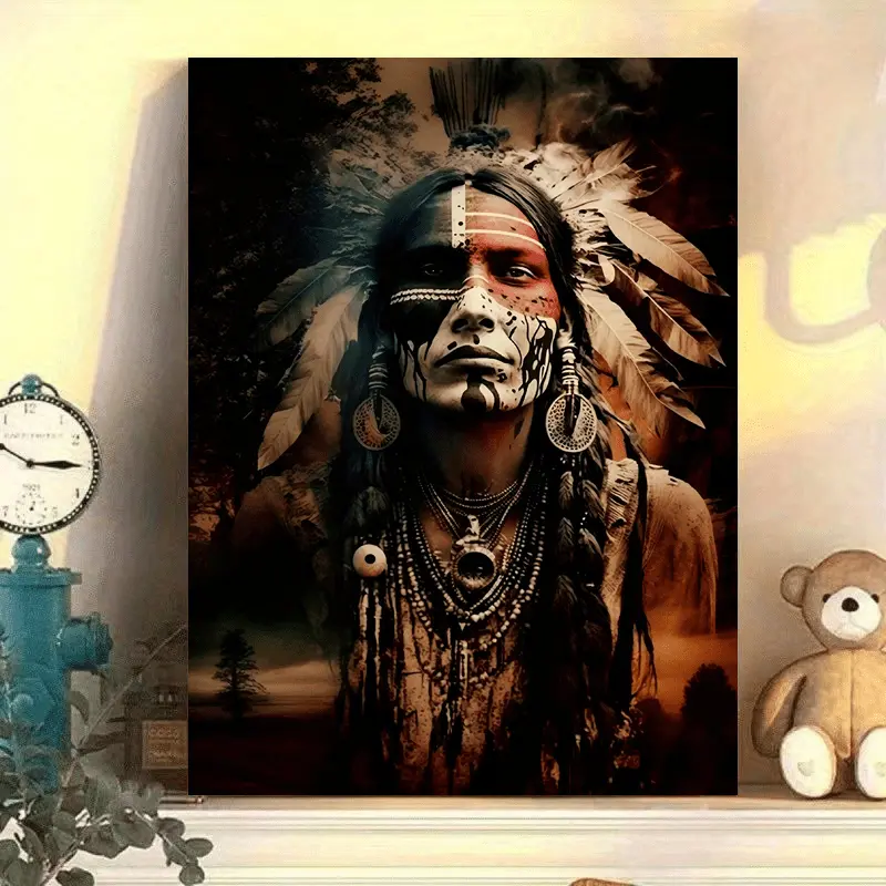 2D Flat 1 Piece Native American Warrior Canvas Painting - Large Size 11.8x 15.7inch (30x 40cm ) Tribal Wall Art with Red and Face Paintings, Beaded Accessories, and Feather Headdress, Bedroom Artwork, Abstract Artwork, Fine Artwork, High-Quality Prin