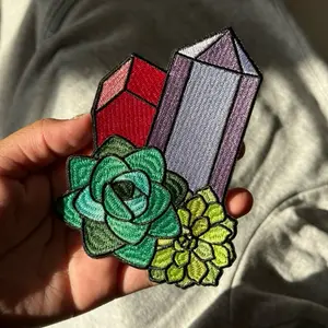 Crystal Succulent Sew-On Patch – Purple & Pink Crystal Embroidered Patch | Aesthetic Boho Iron-On or Sew Patch for Jackets, Bags & Denim