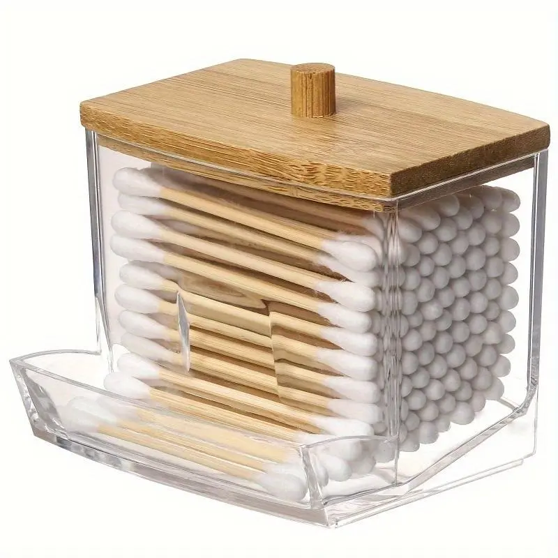 Clear Cotton Swab Storage Box with Bamboo Lid, 1 Count Transparent Portable Acrylic Organizer Container, Makeup Tool Organizer, Beauty Organizer, Cosmetic Organizers for Home, Office, Dormitory & Bathroom, Plastic Box Organizer