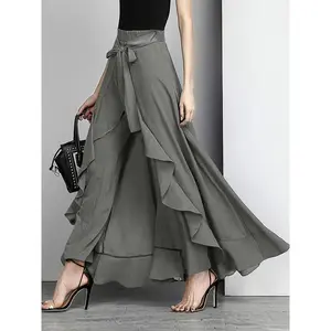 Women's Casual Ruffle Flare Trousers - 100% Polyester Solid Color, All-Season Straight Leg Trousers, Elegant Design, 120g/m2, Grey Pants Fabric Womenswear Bottom Woven Fitted