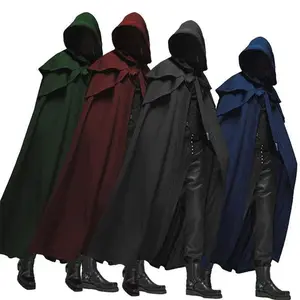 Halloween Adult Gothic Cloak Men's Trendy Retro Hooded Robe Cloak Halloween Role Playing Costume Retro Medieval Renaissance Long Hooded Cloak Clothes Silk Green Fabric Menswear Polyester Gamis therian mask 083 Black Beige Plain labubu outfit