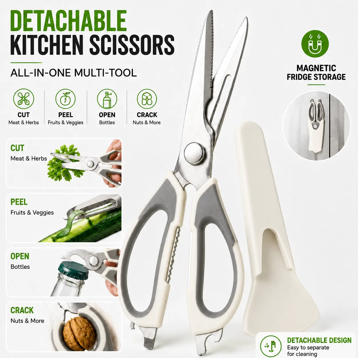 Detachable Multi-Function Kitchen Scissors - High Precision Cutting, Magnetic Fridge Storage, Peeler, Removable Design for Easy Cleaning & Daily Kitchen Use