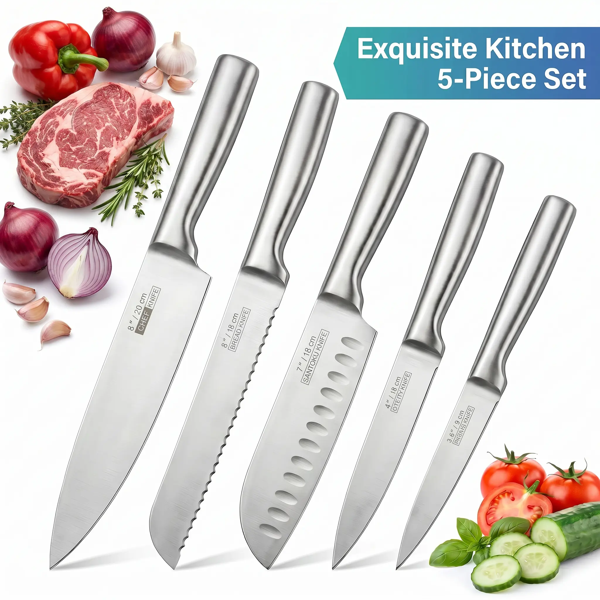 Kitchenware Knives Set - 5-Piece Metal Kitchen Knives with 9cr18 Steel 1-Piece Construction, Multi-Use for Home Cooking, Fruit Cutting