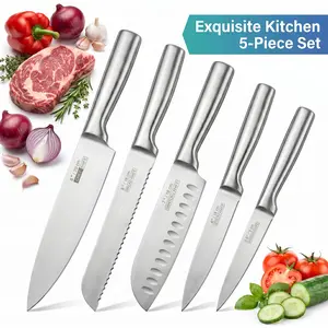 5-piece kitchen knife set made of 9cr18 steel, one-piece kitchen knives, ideal for cutting meat, bread, vegetables, fruits and handling daily ingredients