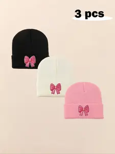 3pcs Baby Beanie Hat, Infant Newborn Toddler Winter Warm Knit Cap, Casual Letter Pattern, Fall & Winter Outdoor Accessories, Beanies, Hat Set