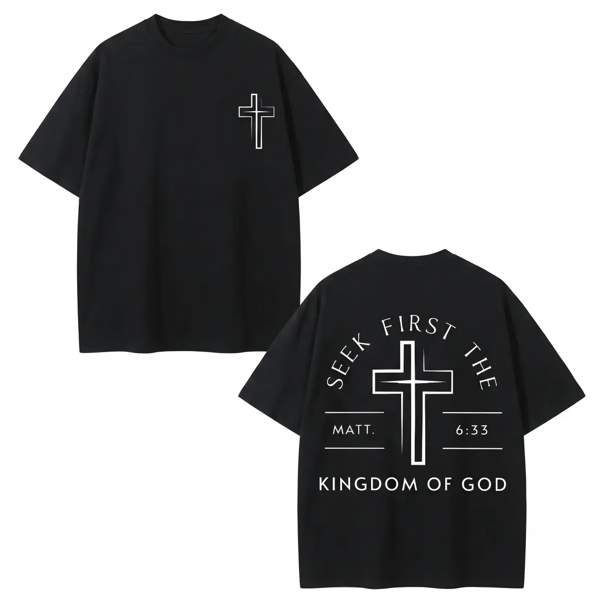 First Seek The Kingdom Of God, God Is Worthy Of Your Faith, Believe In Christianity, Classic Retro Fashion High Street Cross Popular Letter Pattern Printing Boutique Cotton T-Shirt, Men's Summer High-Quality Printed Cotton