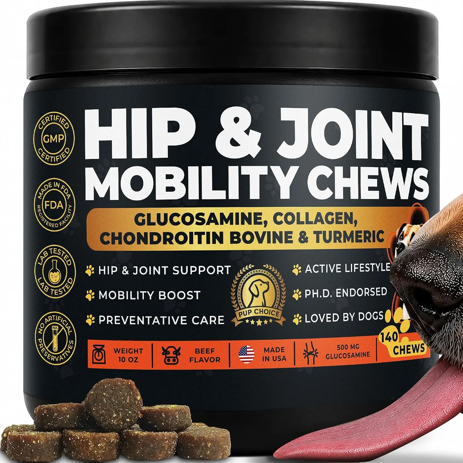 Glucosamine 500mg Hip & Joint Support Supplement for Dogs – Chondroitin, Collagen, MSM & Turmeric Chews – Supports Mobility, Flexibility & Joint Health for Large Breeds & Seniors