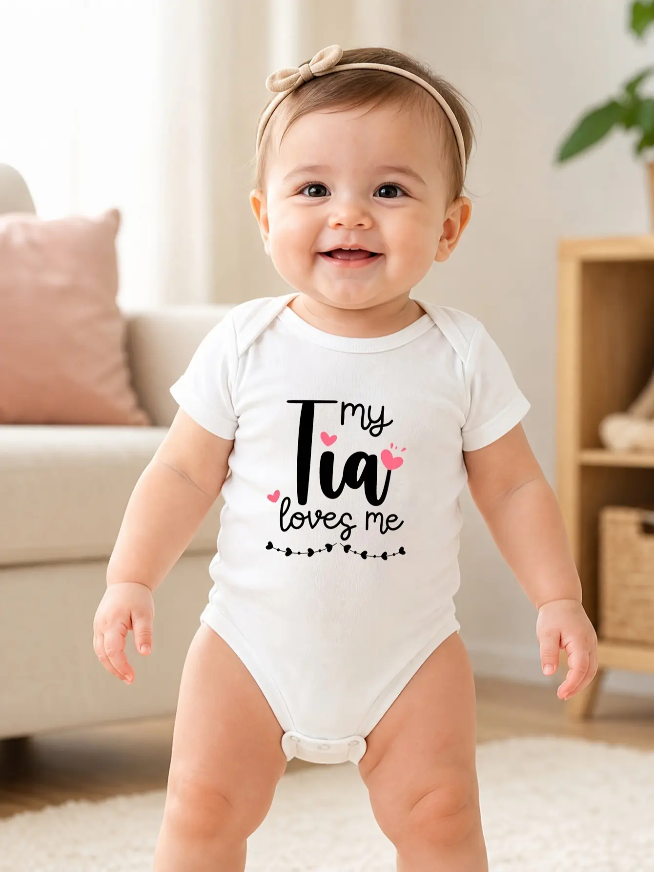 Baby Short Sleeve Bodysuit, My Tia Loves Me Letter‑Print with Pink Heart Graphic Soft Cotton Newborn Romper Infant Onesie