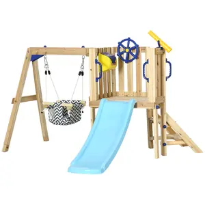 Natural Wooden Toddler Backyard Swing Set - Outdoor Playground Furniture with Baby Swing Seat, Slide, Fort, Captain's Wheel, Telescope for Ages 1.5-4