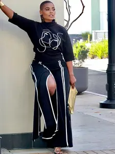 Women's Graphic Print Top & Colorblock Striped Split Wide Leg Pants Two-piece Set, Casual Fashion Cozy Top & Trousers for Daily Outdoor Wear, Co-ord Sets for Women, Women's Clothing for Fall & Winter, Womenswear