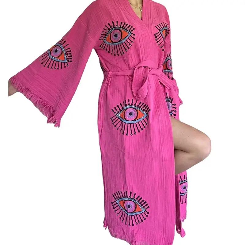 The Pinus Women's 100% Cotton Pink Evil Eye Long Sleeve Kimono Robe - Boho Style Loungewear Coverup with Pockets, Hand Painted, Breathable, XS-XL Fit for Lady