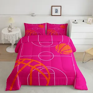 Feelyou Basketball Pattern Household Bedding Set - Breathable Microfibre Comforter, King Gaming Sports Theme Duvet Set with Basketball Court & Rose Accents, Machine Washable