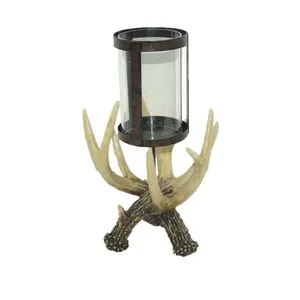 Antler Pillar Candle Holder w/ Glass Hurricane