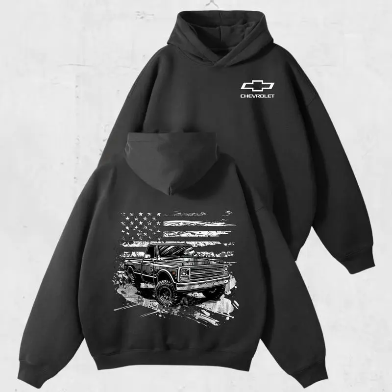 American Flag Chevrolet Truck Hoodie - Vintage Square One-piece Pullover, Classic Pickup Truck with American Flag Pattern, Patriotic Car Enthusiast Hoodie, Christmas Hoodie, Holiday Gift, Birthday Gift, Fashionable and Comfortable, Unisex
