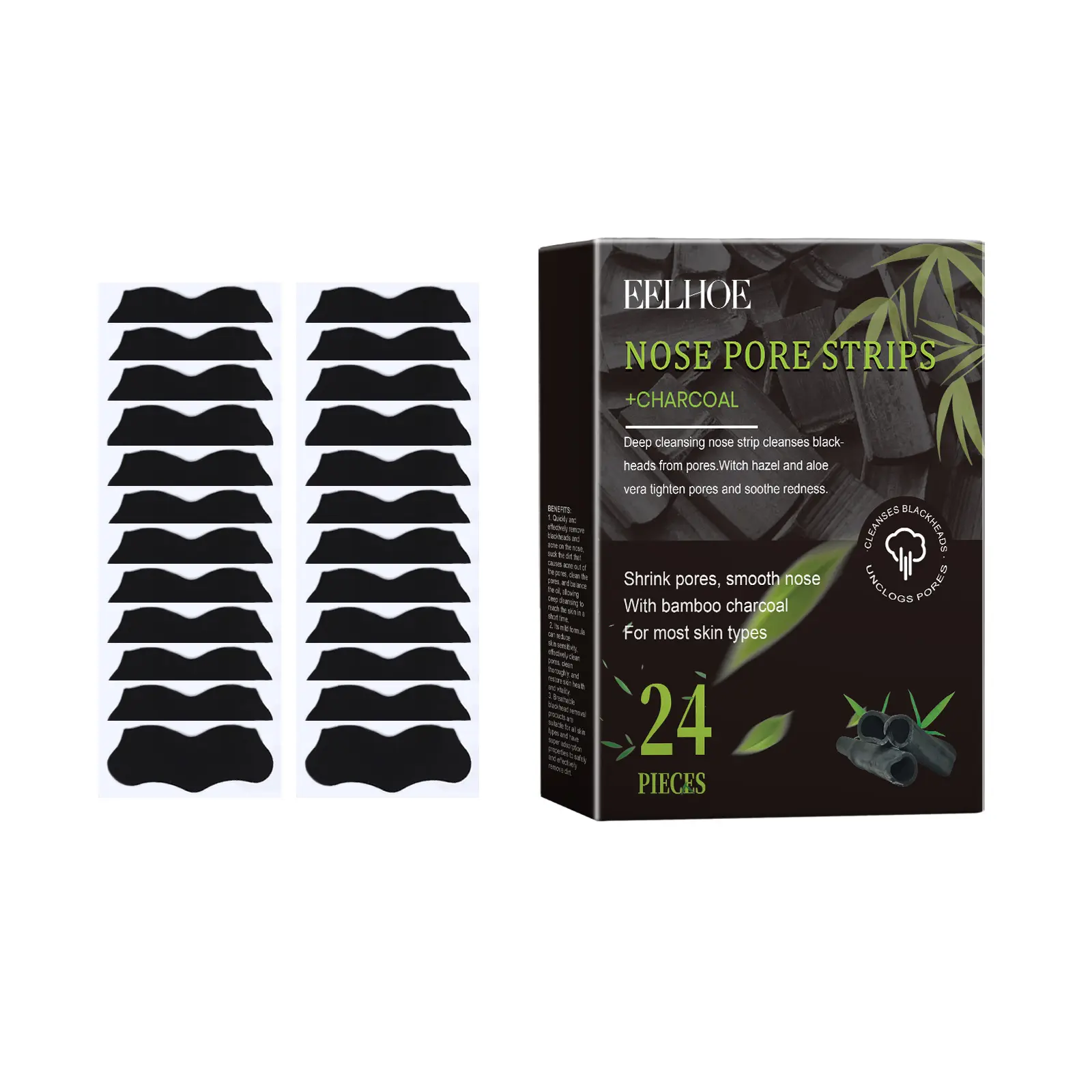 Bamboo Charcoal Nose Pore Strips, Gentle T-Zone Cleansing & Hydrating Treatment