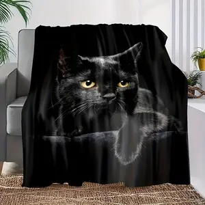 1Pc Black Cat Print Flannel Blanket, Soft And Warm Blanket Nap Blanket For Sofa Office Bed Camping Travel, Multi-Purpose Holiday Gift Blanket For Nap, Office, Sofa, Bed, Camping And Travel