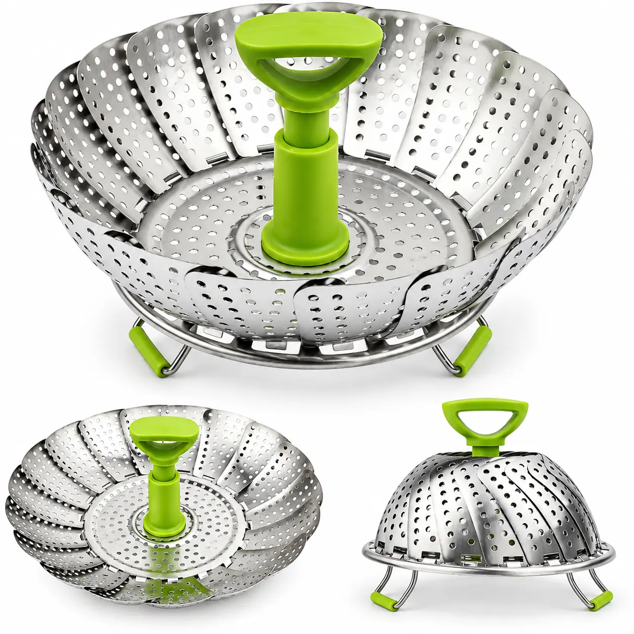 Expandable Foldable Stainless Steel Perforated Steamer Basket - Adjustable Size, Variable Capacity Kitchenware with Heat-Resistant Handle - Home Use for Cooking Seafood, Vegetables - Easy to Clean, Dishwasher-Safe Modern Kitchen Accessory, Foldable Steame