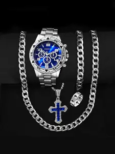 Men's Silver Color Blue Dial Quartz Watch Set, Stainless Steel Strap, Analog Display, Casual Style, Perfect Gift for Business & Parties, Business Fashion Watches