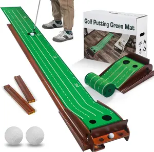 Wooden Double Hole Golf Putting Practice Mat - Comes With 2 Golf Balls/1 Putter/1 Corrective Lens, Portable Double Hole Golf Putting Mat With Automatic Ball Return, Perfect For Home, Office, Backyard, Indoor And Outdoor Golf Practice - Golf Gift
