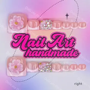 Y2K Style Toe Nails, Handmade Wearable Nails, 4 Sizes XS S M L, Rhinestones Floral French Design, Perfect for Vacation Beach