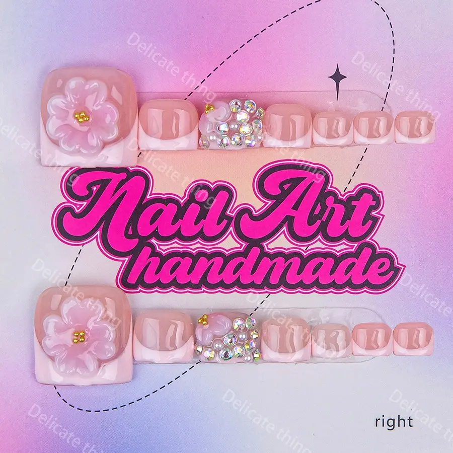Y2K Style Toe Nails, Handmade Press On Wearable Nails, 4 Sizes XS S M L, Flower Nails, Rhinestones Floral French Design, Perfect for Vacation Beach