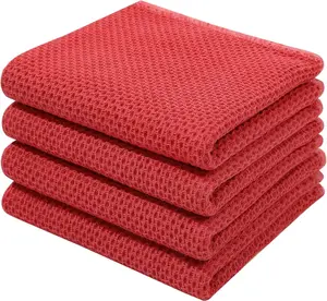 100% Cotton Waffle Weave Kitchen Dish Towels, Ultra Soft Absorbent Quick Drying Cleaning Towel, 13x28 Inches, 4-Pack, Brick Red