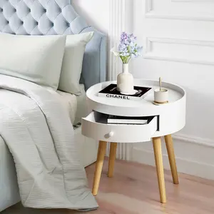 18" H MDF Nightstand with Drawer Storage, Oak Legs & Plain Finish, Quick-Install Modern Minimal White Interior Bedside Table for Bedroom, Living Room