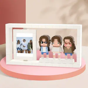 JollyJubilant Sweet Couple Gift Full Body Customizable Square Face 3 People with Photo Frame My Custom Brickfigure Granules with Easel Personalize Building Block Character