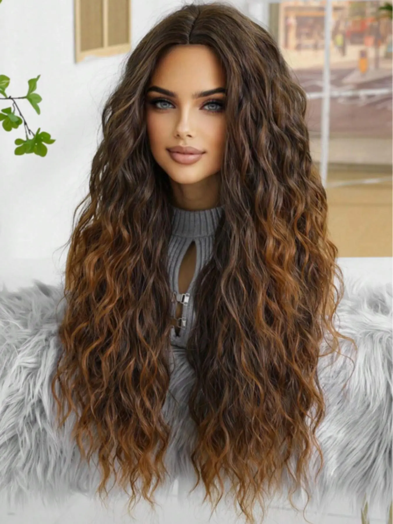 28 Inch Deep Curly Ombre Wig with Natural Part, Elegant Wig 