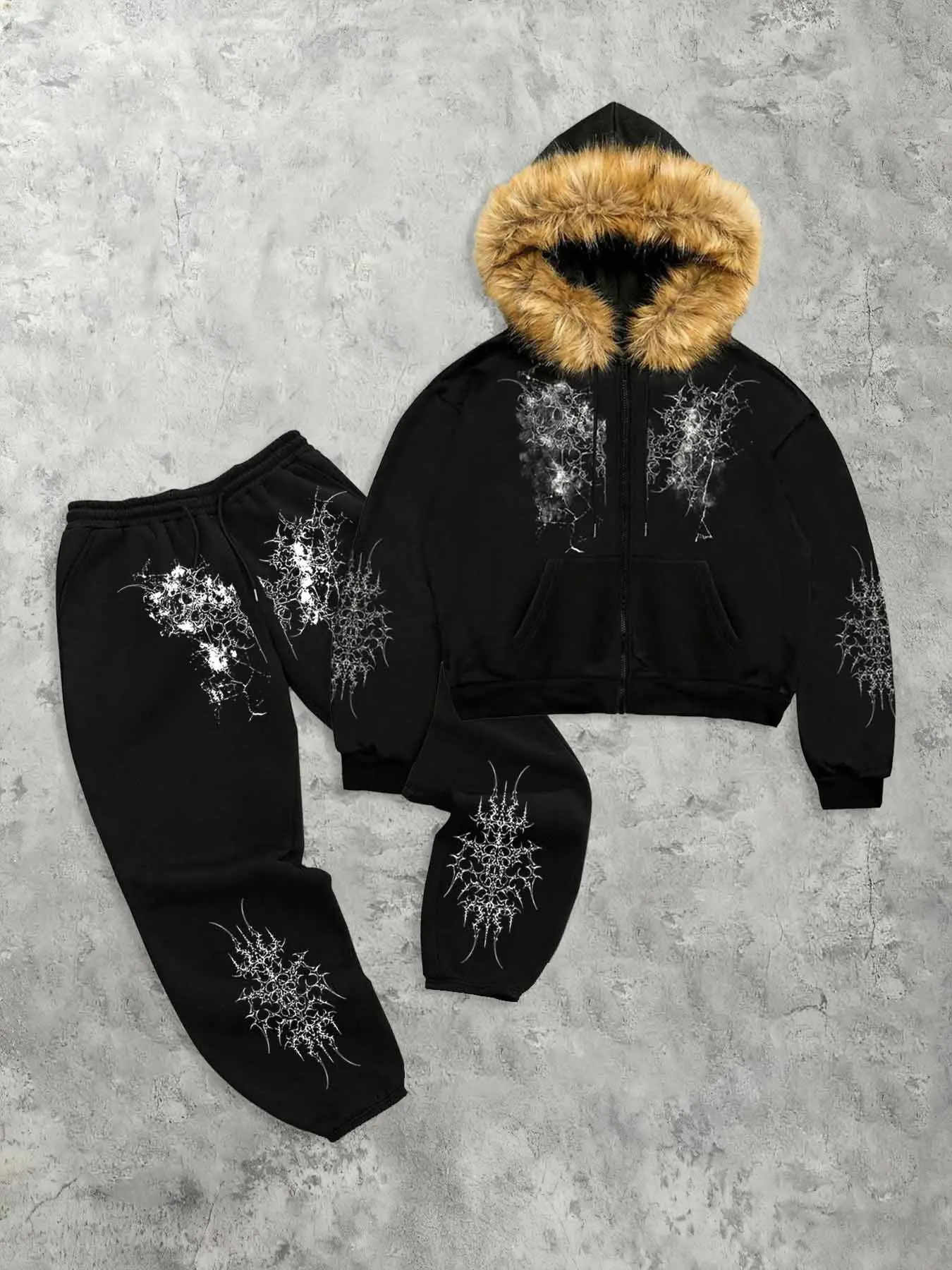 Men's Fleece Hoodie Set with Long Pants, Gothic Print Street Punk Style, Trendy Casual Wear for Young Adults, Fall & Winter Fashion
