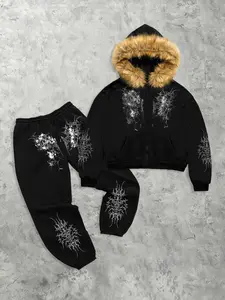 Men's Fleece Hoodie Set with Long Pants, Gothic Print Street Punk Style, Trendy Casual Wear for Young Adults, Fall & Winter Fashion