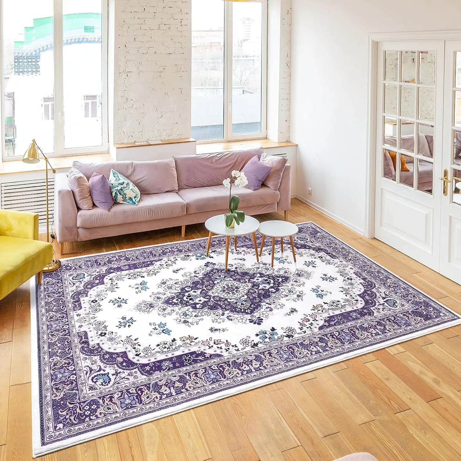 Purple Area Rug 5x7 Living Room Rug, Non Slip Washable Rugs for Bedroom Faux Wool Lavender Rug for Dining Room Office Vintage Rugs for Entryway Kitchen Farmhouse
