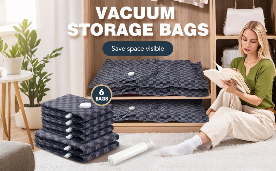 6-Pack Oxford Cloth Vacuum Storage Bags（ 1S+1M+2L+2XL）Space Saving for Clothes/Bedding/Quilts/Cabinets Essential Travel Storage Solution with Hand Pump Compact Travel Solutions Organiser