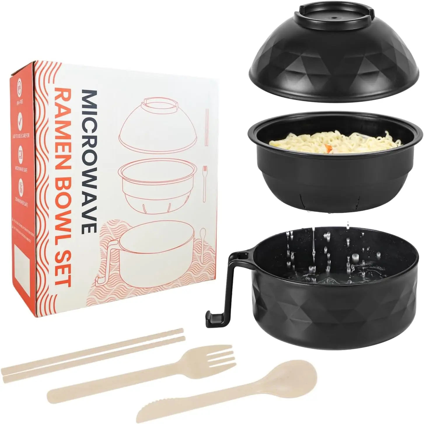 Microwave Ramen Cooker,Ramen Bowl Set,Microwave Noodle Bowl With Chopsticks and Spoon, College Dorm Room Essentials for Girls for Boys, Apartment Essentials, BPA-Free. (black)