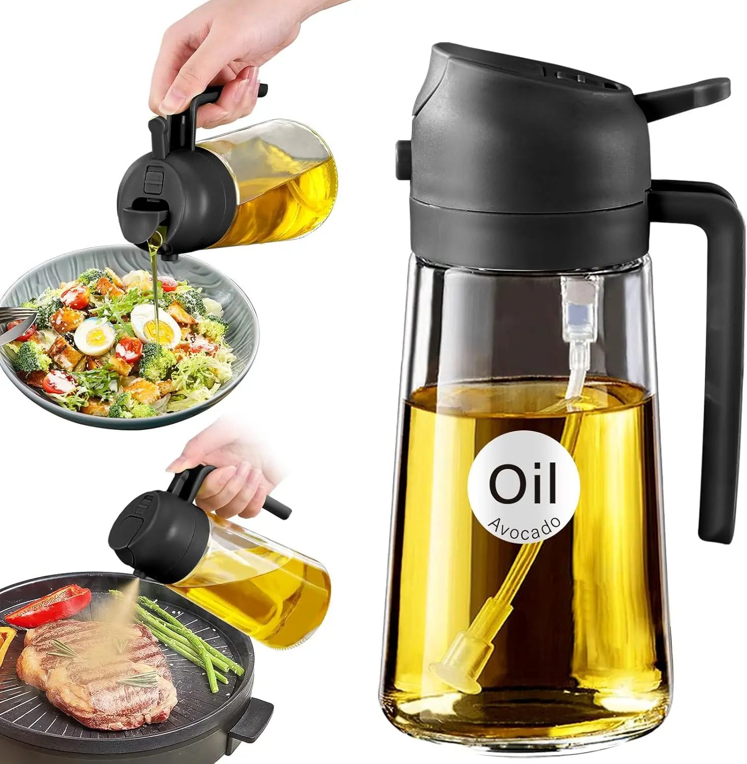470ml Glass Olive Oil Sprayer for Cooking, 2-in-1 Oil Dispenser & Mister, Refillable Food-Grade Spray Bottle with Portion Control, Leakproof for Air Fryer, Salad, Roasting, BBQ & Kitchen – Black