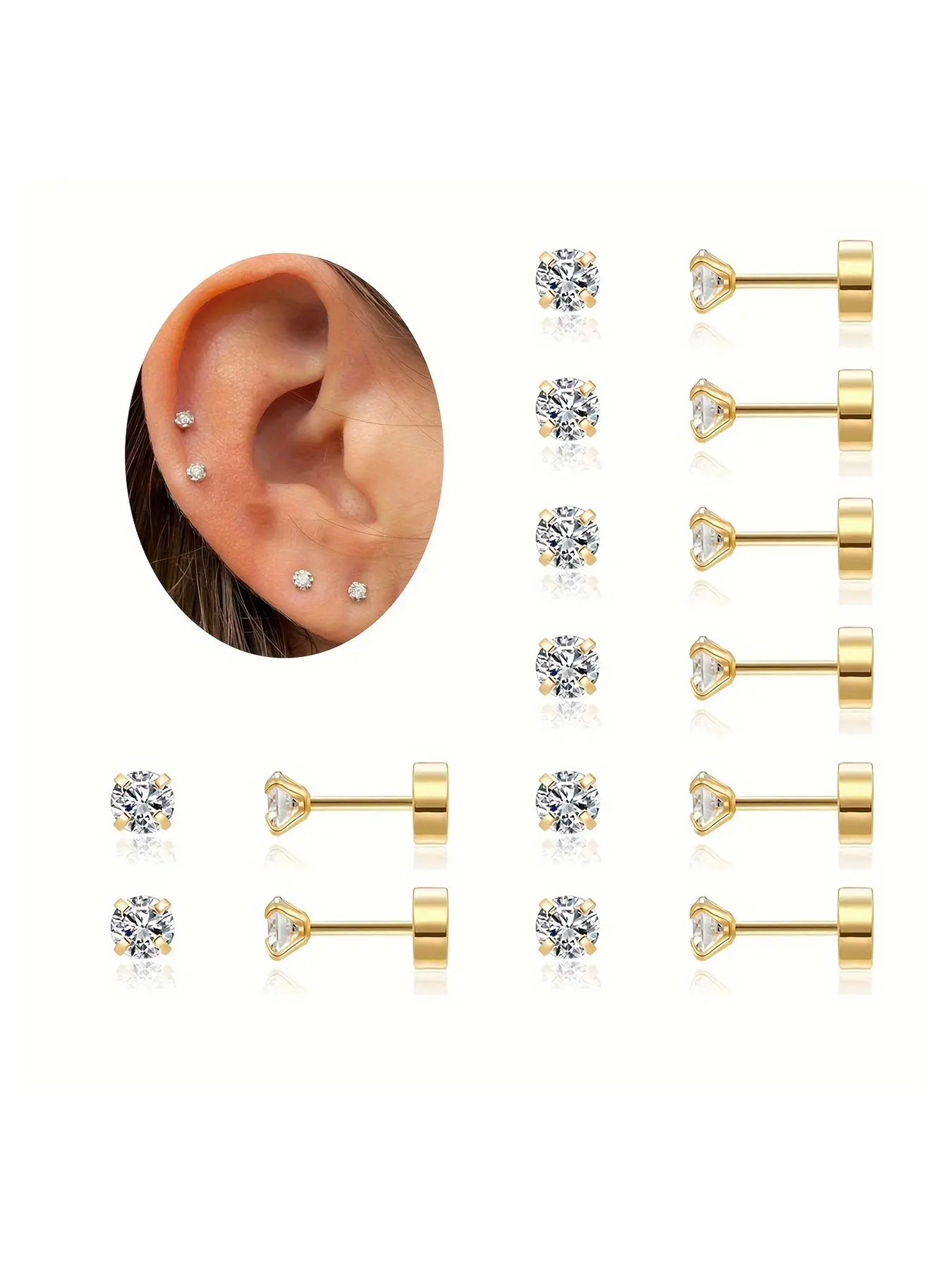 8 Pairs Small Flat Back Earrings Dainty Earrings for Women Men Silver 18K Gold Plated Stainless Steel Stud Earrings Tiny Cubic Zirconia Earrings Studs Cartilage Earrings for Sensitive Ears CZ 2MM 3MM 4MM Earrings Jewelry