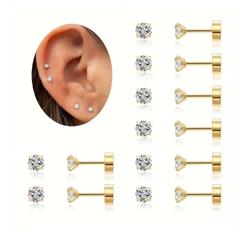 8 Pairs Small Flat Back Earrings Dainty Earrings for Women Men Silver 18K Gold Plated Stainless Steel Stud Earrings Tiny Cubic Zirconia Earrings Studs Cartilage Earrings for Sensitive Ears CZ 2MM 3MM 4MM Earrings Jewelry