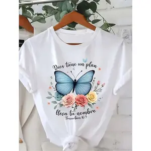 1pc Women'S Casual Short Sleeve T-Shirt- Butterfly Floral And Bible Verse Print(Exodus 318)- White Christian Clothing Suitable for Church And Daily Wear- Soft Neckline Top, Blue Butterfly And Pink Rose Design, Durable Material, Fashionable Cl