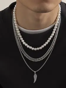 Vintage Punk Style Feather Pendant Necklace Set, Adjustable Alloy Chain, Multi-Layer Pearl Design, Unisex Jewelry for All Seasons, Exquisite Jewelry Gift