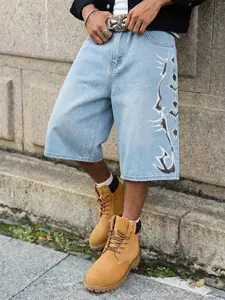 Unisex Street Style Graffiti Graphic Denim Shorts, Light Blue Base with Dark Elements, Casual Fitted Design for Daily Wear & Leisure