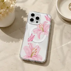 MagSafe Transparent TPU Casing Cover for iPhone 17,16,15,14,13,12,11 Pro/ProMax/Plus - Butterflies Lilies Aesthetic, Lightweight Protective Resistance, Mobile Phone Accessory