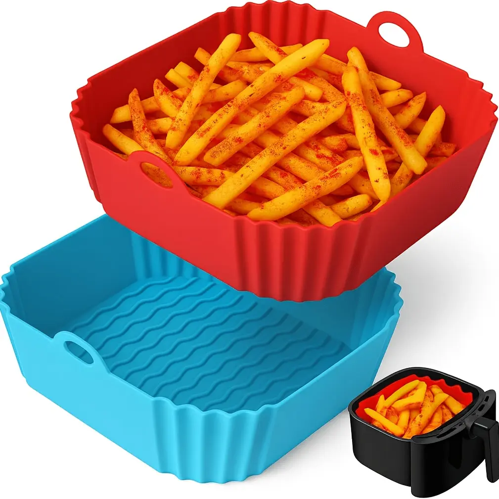 2 PCS Square Silicone Air Fryer Liners - 8 Inch Reusable Air Fryer Pot - Air Fryer Accessories - Air Fryer Inserts for 4 to 7 QT Oven Microwave Accessories (Black + Brown)