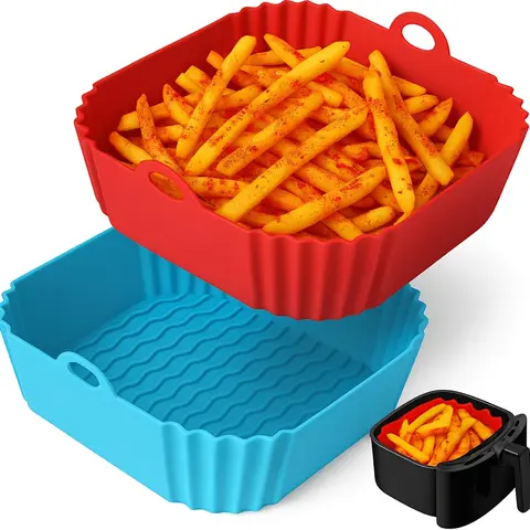 2 PCS Square Silicone Air Fryer Liners - 8 Inch Reusable Air Fryer Pot - Air Fryer Accessories - Air Fryer Inserts for 4 to 7 QT Oven Microwave Accessories (Black + Brown)