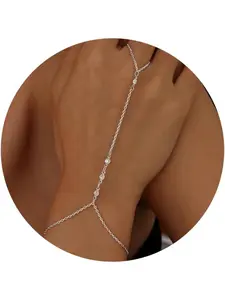 Hand Chain Bracelets for Women, 14k Gold Plated Ring Bracelet with Cubic Zircon, Dainty Stackable Silver Color Link Chain