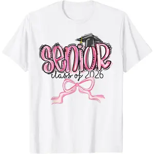 Women's Short-Sleeve Casual Streetwear T-Shirt, Senior Class of 2026 Coquette Pink Bow Graduation Design, Natural Fabric