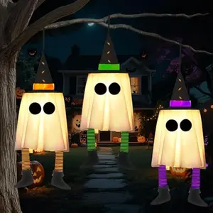 23.6'' 3PCS Halloween Hanging Ghosts Decorations Outdoor, Warm Light Up Ghosts Tree Decors with Witch Hats & Timer, Halloween Decorations for Yard Patio Garden Outside Haunted House Party
