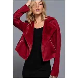 FAUX SUEDE BIKER JACKET w/FUR DETAIL LAPEL COLLAR Casual Long Sleeve