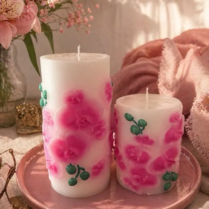 Blush Gardens Candle - Pink Orchid Floral Design, White Base, Decorative Candle for Home Decor