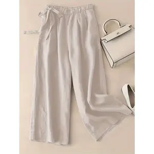 Women'sRetroStyleHighWaistWideLegPants-LightandBreathableViscoseBlend,OliveGreen,SideKnottedDetails,MachineWashableFabricLinenSummerBaggyCasualWomenswear